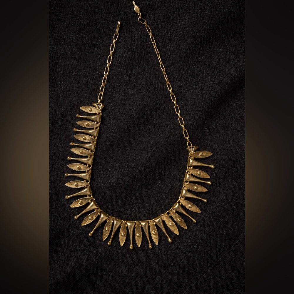Sara Covey Vintage Gold Tone Brutalist Fringe Necklace Boho Tribal Collar